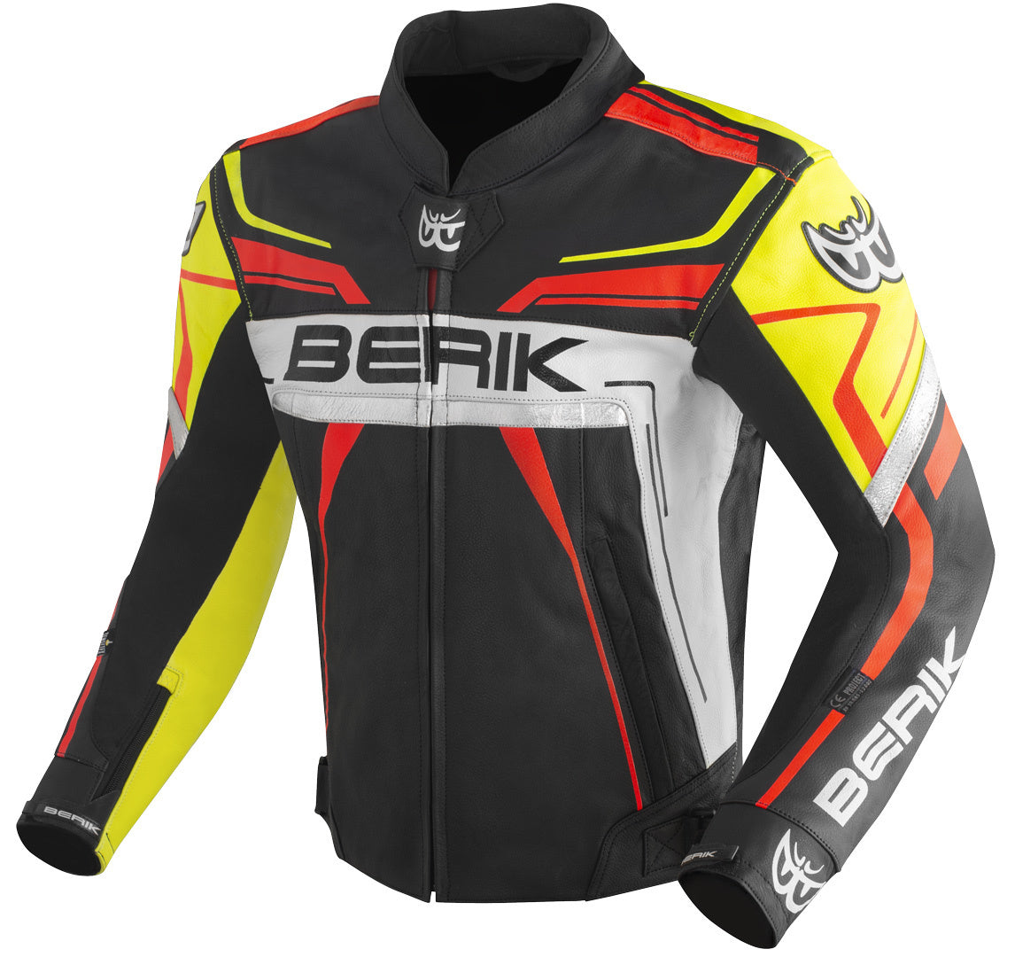 Berik Absolute Race Motorcycle Leather Jacket#color_black-neon-yellow-neon-red-white