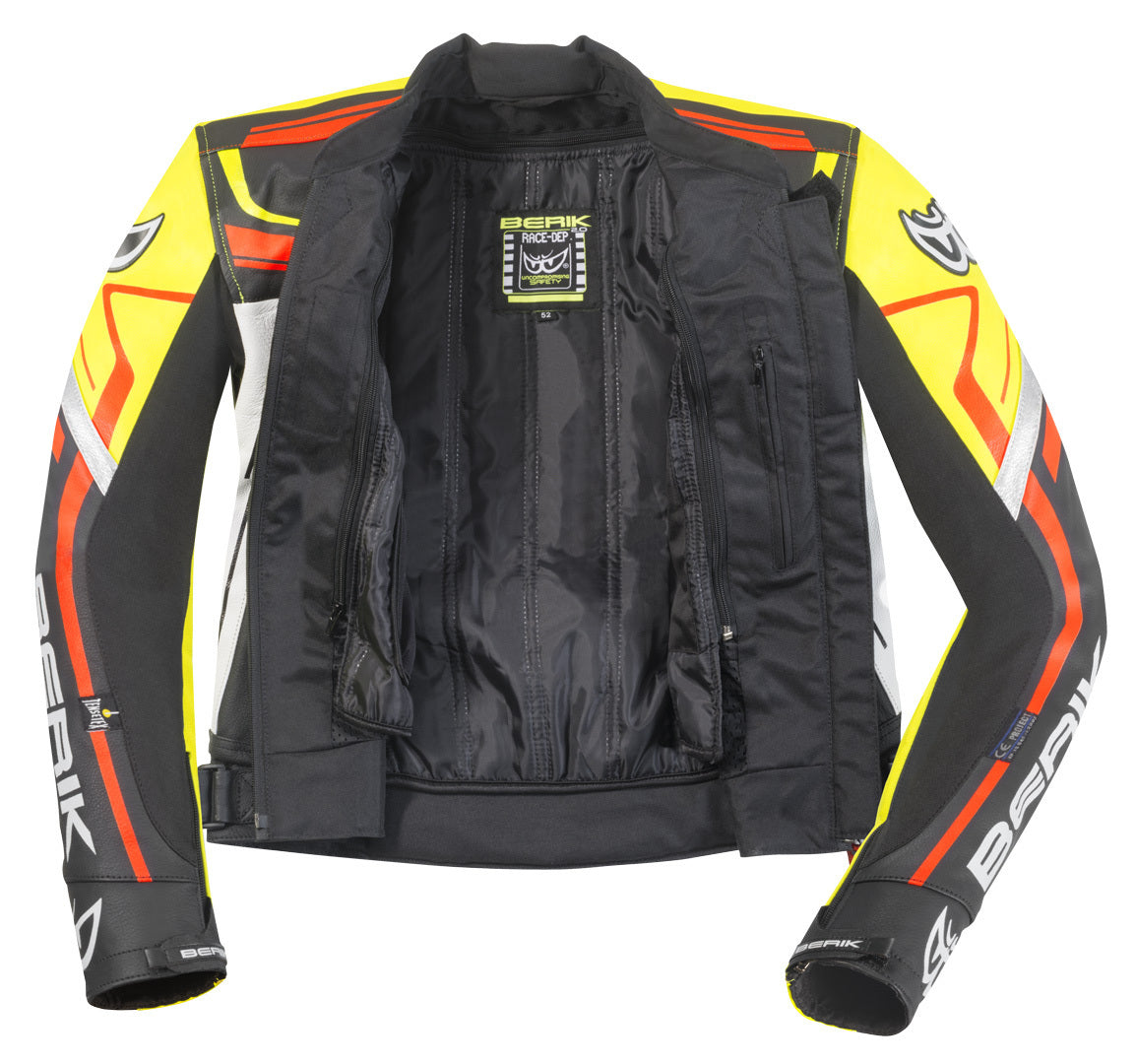 Berik Absolute Race Motorcycle Leather Jacket#color_black-neon-yellow-neon-red-white