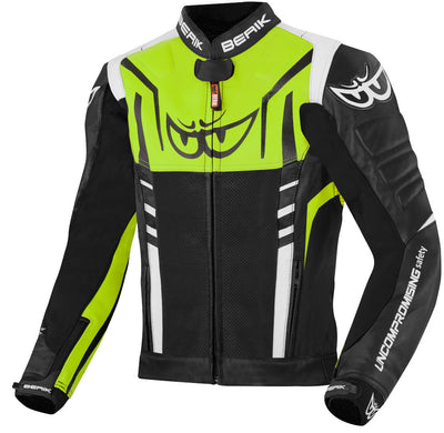 Berik Striper Motorcycle Leather Jacket#color_black-white-fluo-yellow