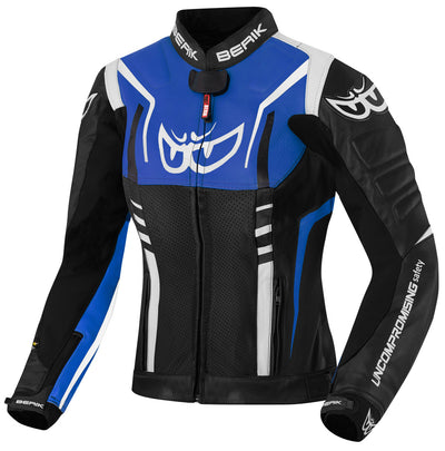 Berik Striper Ladies Motorcycle Leather Jacket#color_black-white-blue