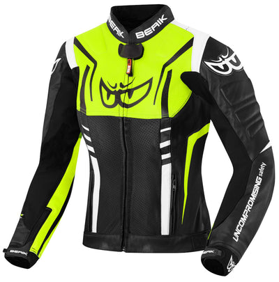 Berik Striper Ladies Motorcycle Leather Jacket#color_black-white-fluo-yellow