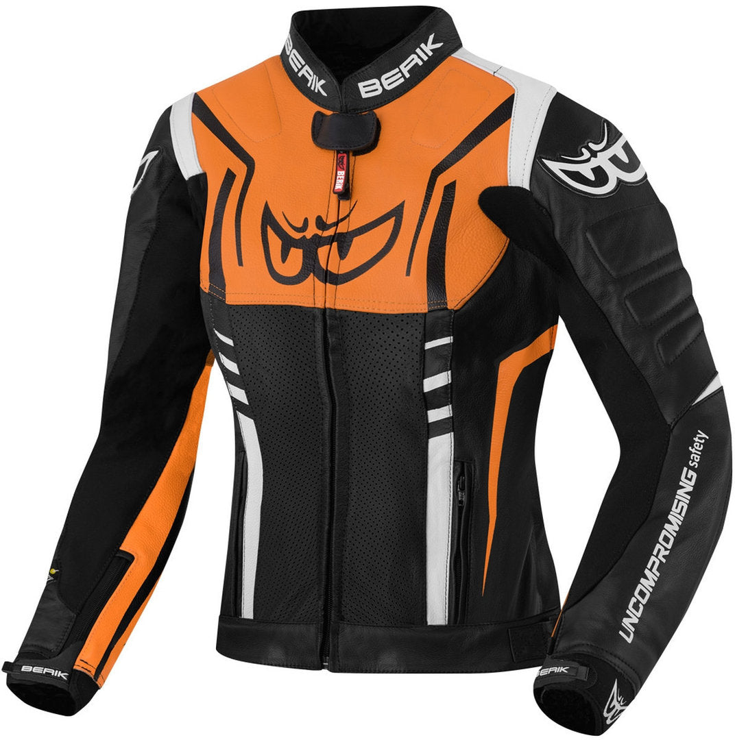 Berik Striper Ladies Motorcycle Leather Jacket#color_black-white-orange